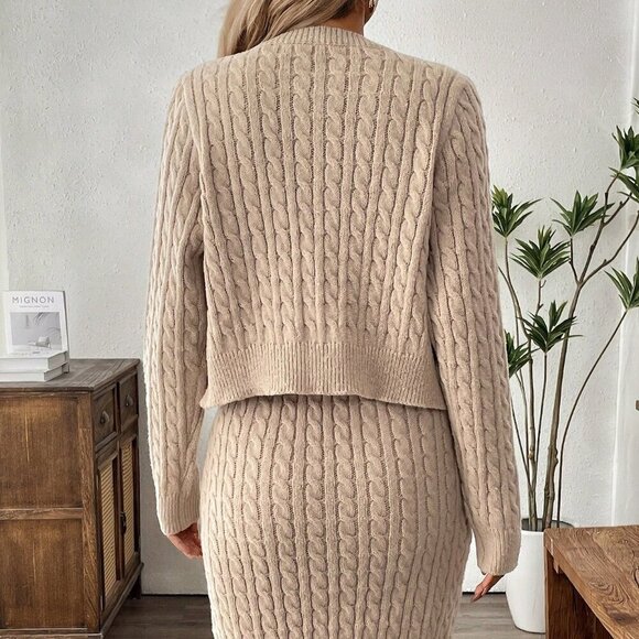 Khaki Casual Women's Button Front Cardigan & Jumper Dress 2-Piece Set - Picture 3 of 6